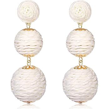 Raffia Earrings Boho Rattan Ball Earrings for Women Handmade Rattan Dangle Drop Earrings Summer B... | Amazon (US)