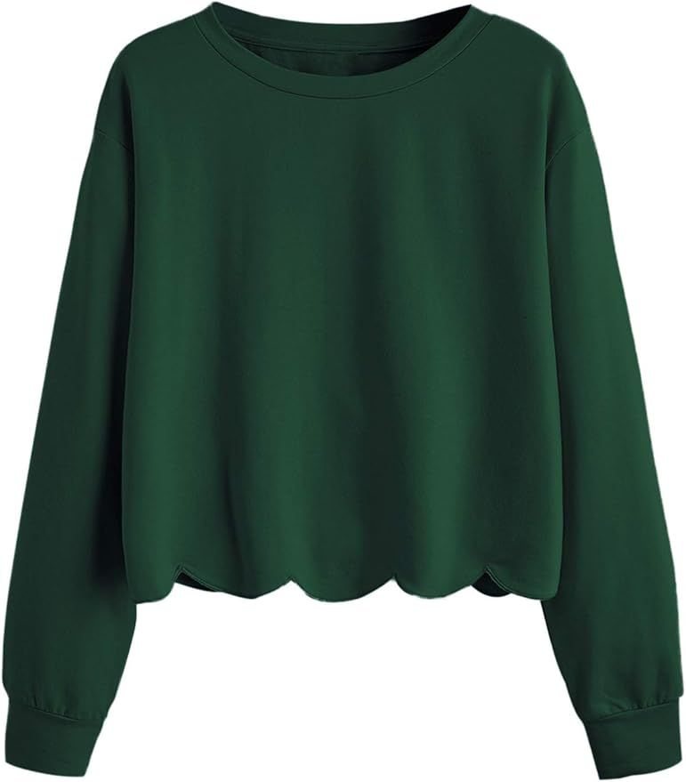 Romwe Women's Casual Long Sleeve Scalloped Hem Crop Tops Sweatshirt | Amazon (US)