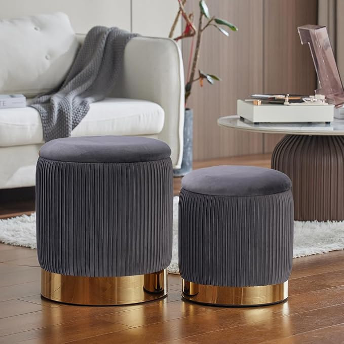 Round Storage Ottoman Set of 2, Velvet Storage Ottoman for Living Room, Circle Ottoman with Stora... | Amazon (US)