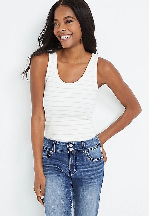 White Striped Scoop Neck Ribbed Tank Top | Maurices