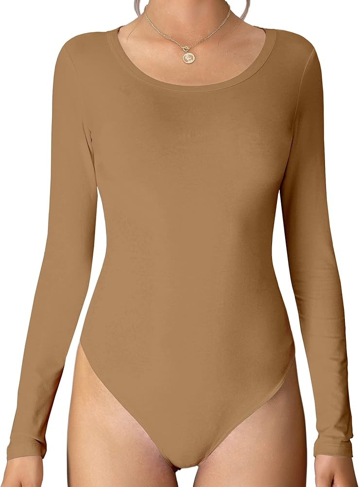 MANGDIUP Womens Crewneck Sleeveless Long Sleeve Bodysuit Basic Stretch Cotton Jumpsuit Tops | Amazon (US)