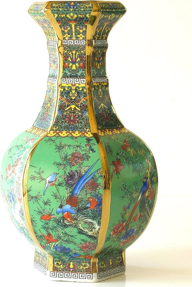 Green Porcelain Vase (Height: 10 3/4"), Golden line, Chinese Painting (Flower and Bird) Pattern, ... | Amazon (US)