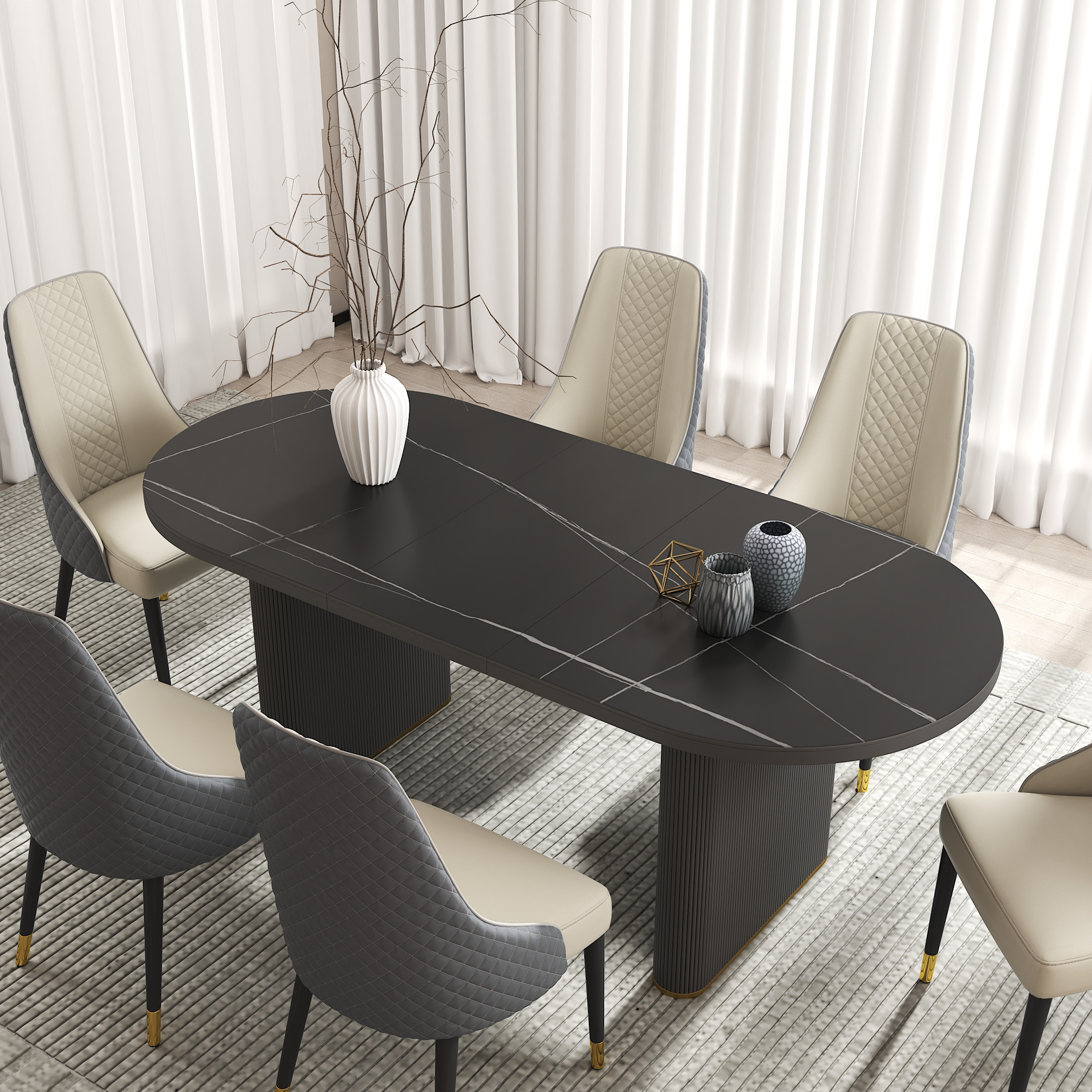 79"-95" Oval Expandable Dining Table Faux Marble Top Butterfly Leaf for 10 Black Extendable Table | Homary