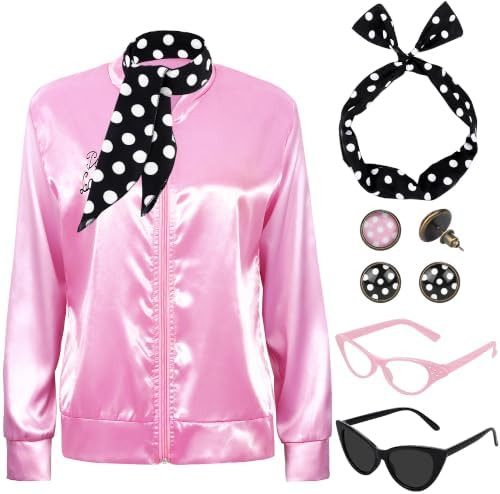 1950s Pink Satin Jacket with Neck Scarf Headband Earrings Cat Eye Glasses Halloween Cosplay Costu... | Amazon (US)