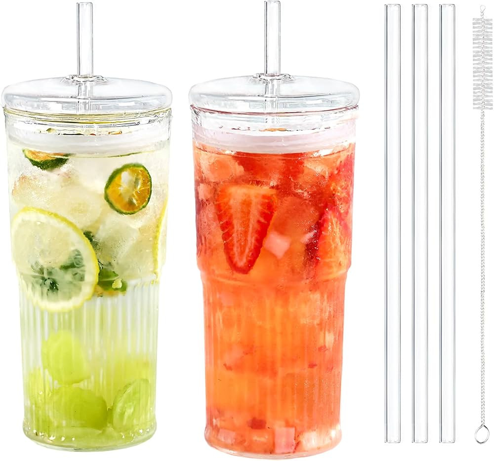 Puraville 2 Pack 20oz Glass Cups with Lids and Straws, Mason Jar Drinking Glasses Iced Coffee Cup... | Amazon (US)