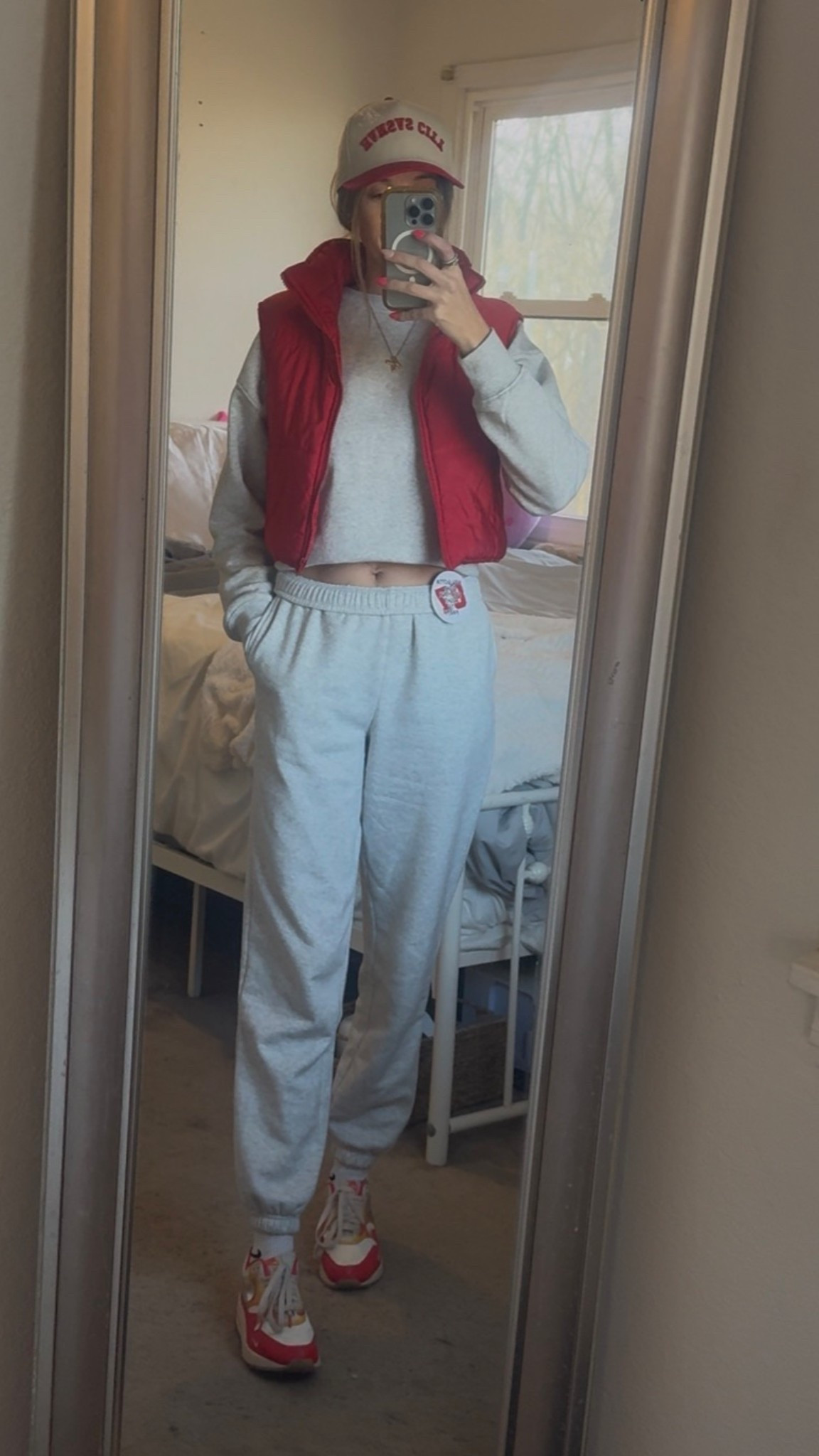 This entire outfit minus the shoes and hat was less than $55! I love these matching sweat sets from Walmart. They are $10 apiece and come in a couple colors. They are so soft and comfortable! Throw on a vest and it makes the perfect game day outfit! I wore this for Kansas City Chiefs game day! 

#LTKActive #LTKgrwm #LTKmomlife
