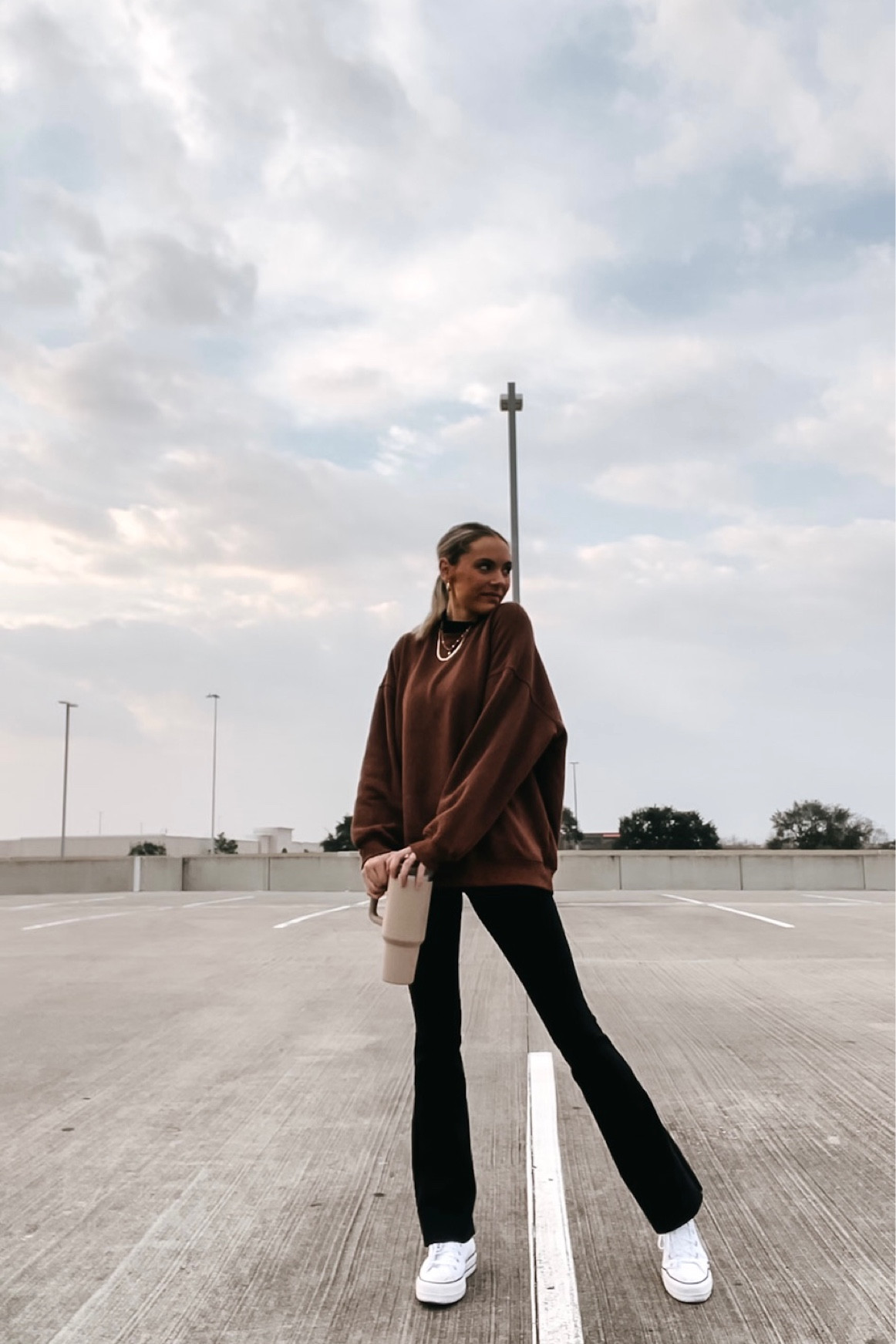 A casual, cozy & neutral outfit. Flared leggings + oversized sweatshirt  

#LTKSeasonal