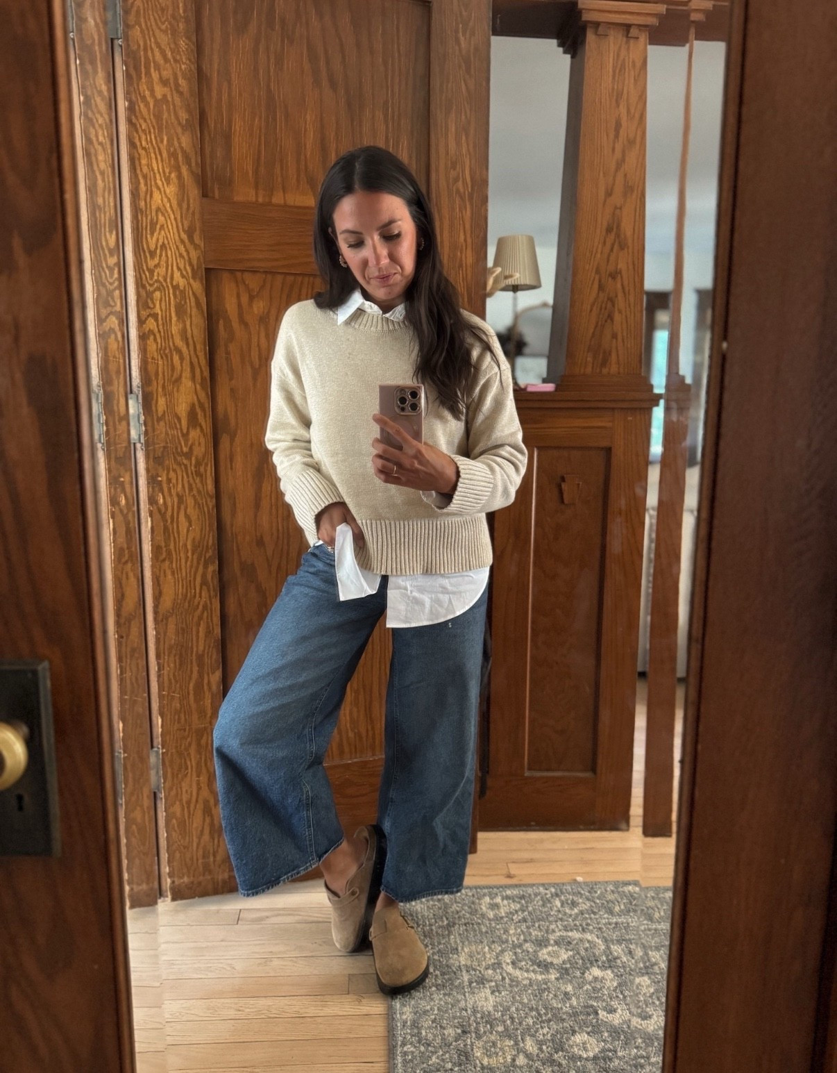 When you want casual but chic → denim wide legs, a cream sweater, crisp white shirt, and clogs. Simple, timeless, wearable.

#LTKStyleTip #LTKSeasonal