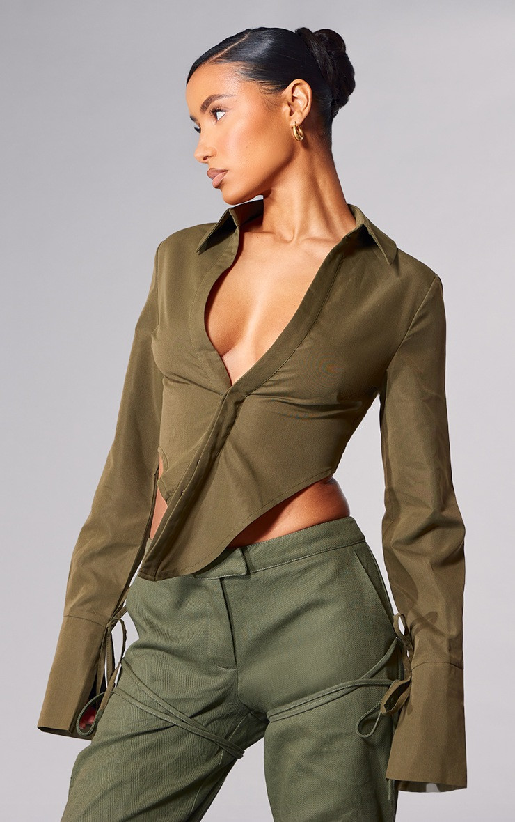 PLT Label Khaki Asymmetric Hem Shirt | PrettyLittleThing UK