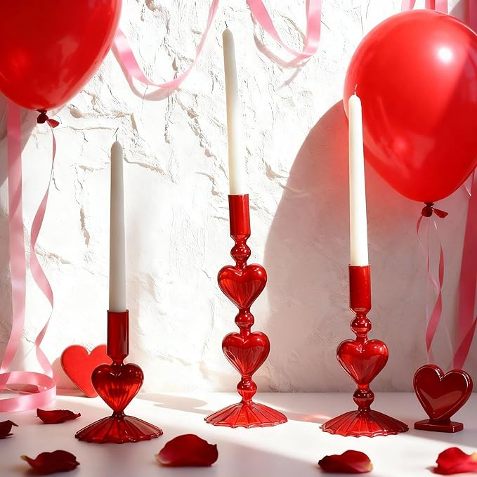 Mumufy 3 Pcs Valentine's Day Glass Candlestick Holders Heart Glass Taper Candle Holder Valentines... | Amazon (US)