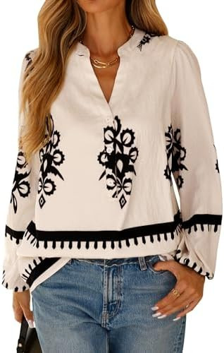 BTFBM Womens Tops Spring Casual Long Sleeve Shirts Button Up V Neck Bohemian Blouses Loose Tunics... | Amazon (US)