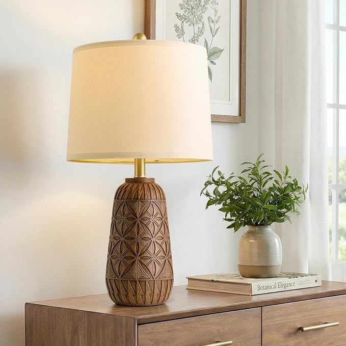 BOBOMOMO 24" Modern Farmhouse Table Lamp, Geometric Hand-Carved Resin Bedside Lamp with Wood Grai... | Amazon (US)