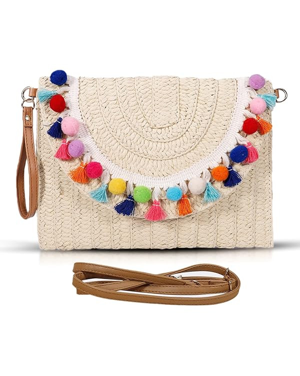 Clutch Purses for Women, Straw Beach Bag, Colorful fur balls and tassels Envelope Package, Bohemi... | Amazon (US)