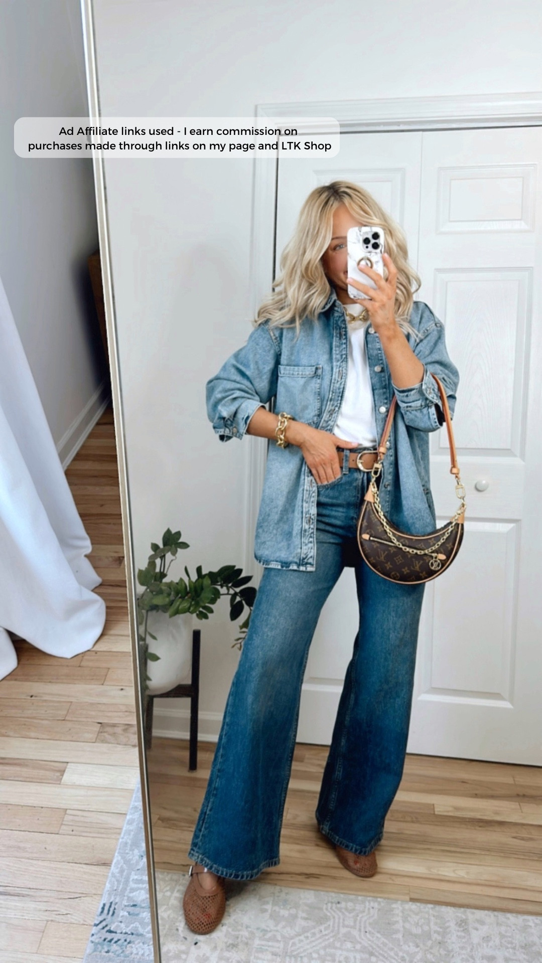 H&M denim on denim outfit | Sizing info: denim shirt is meant to be an oversized fit (wearing my usual size, small); I sized up one size in the wide leg jeans (wearing a size 6), the wash of the jeans is called “denim blue", white T-shirt runs TTS (wearing a small)
