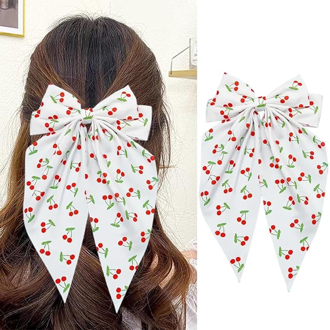 Cherry Hair Bows for Women, Fruit Hair Accessories Big Ribbon Bow Hair Clips Long Tail Metal Claw... | Amazon (US)
