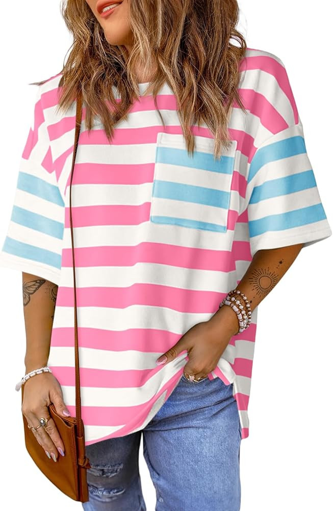 Womens Oversized Color Block Striped Tshirts Summer Casual Short Sleeve Tops Loose Fit Crew Neck ... | Amazon (US)