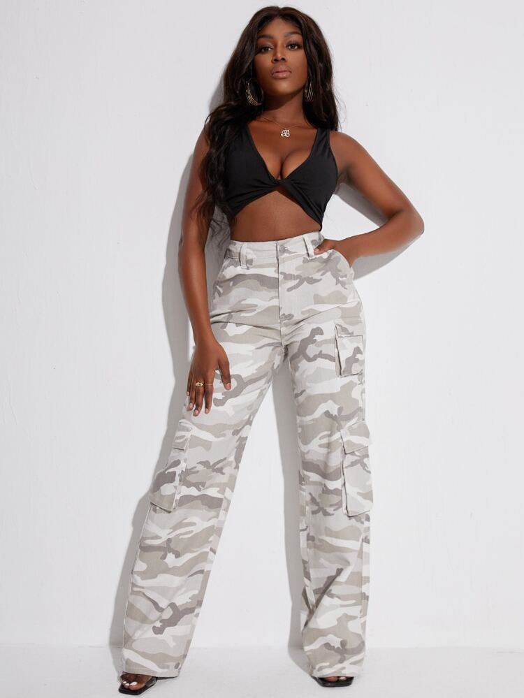SHEIN SXY High Waist Camo Print Flap Pocket Cargo Jeans | SHEIN