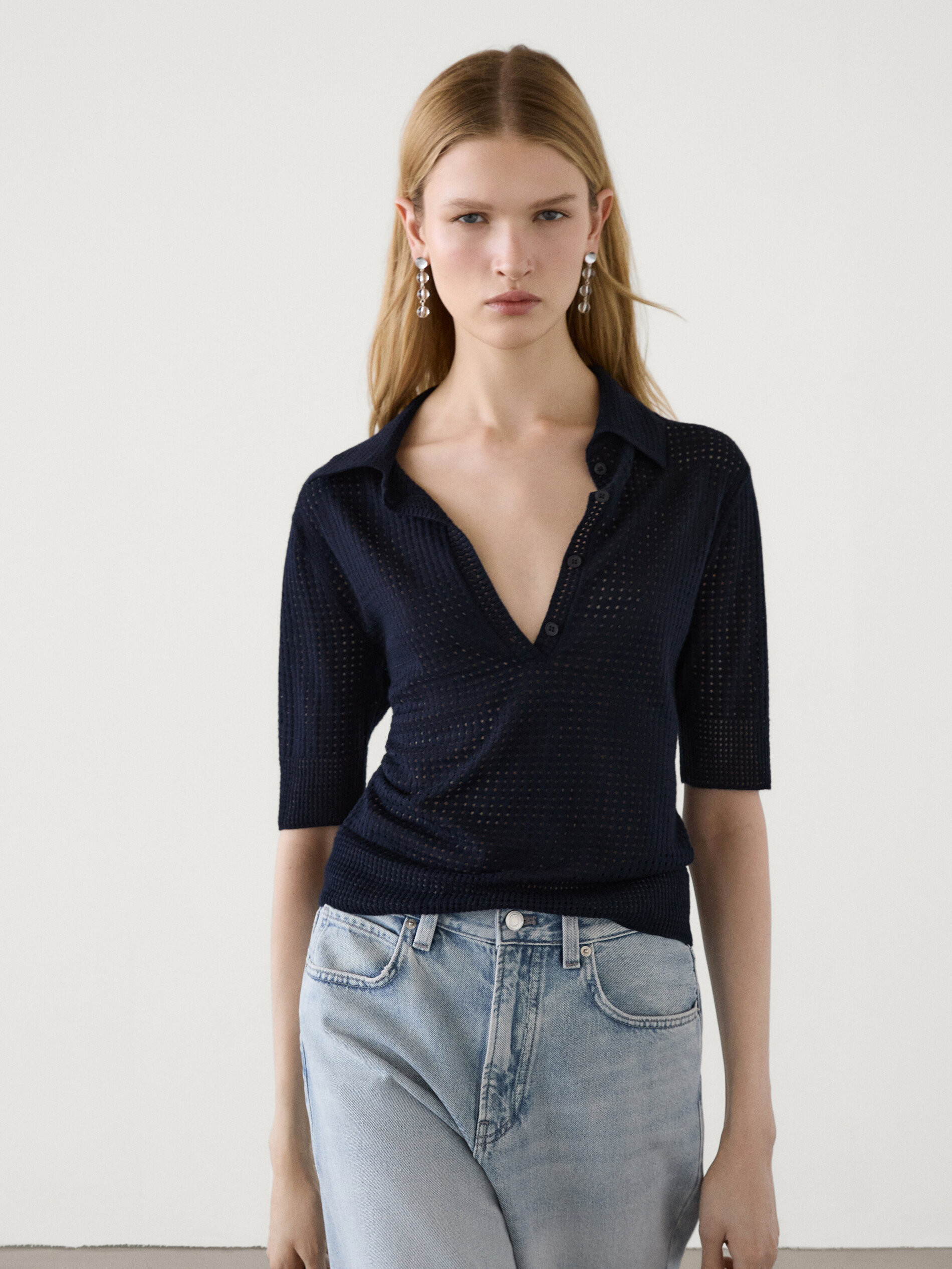 Cutwork sweater with polo collar | Massimo Dutti US
