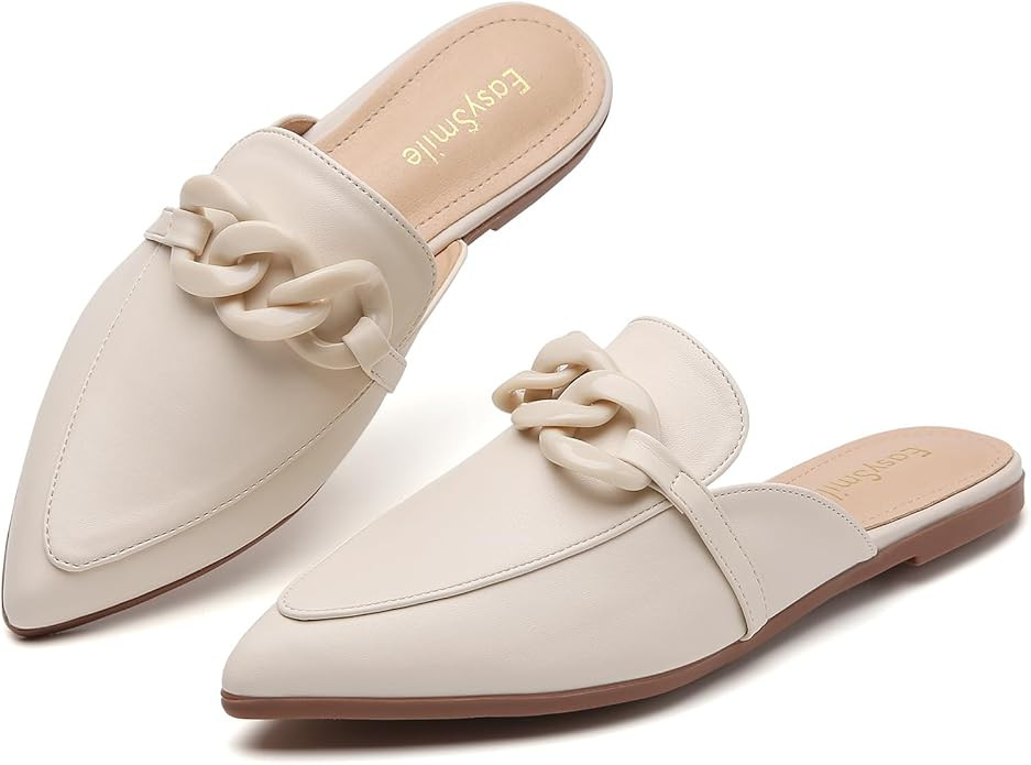 Metal Chain Decor Flat Mules for Women Closed Pointed Toe Slip on Loafers Slides Backless Mules S... | Amazon (US)