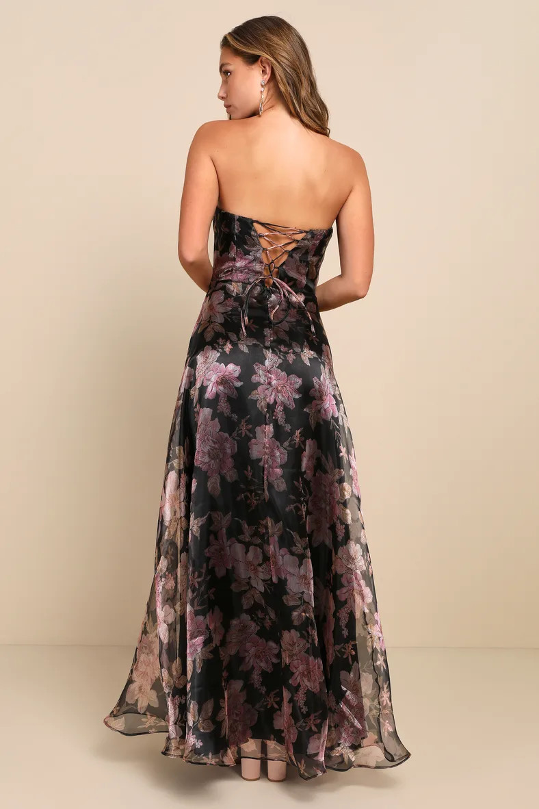 Exclusive Glamour Black Floral Organza Strapless Maxi Dress | Lulus