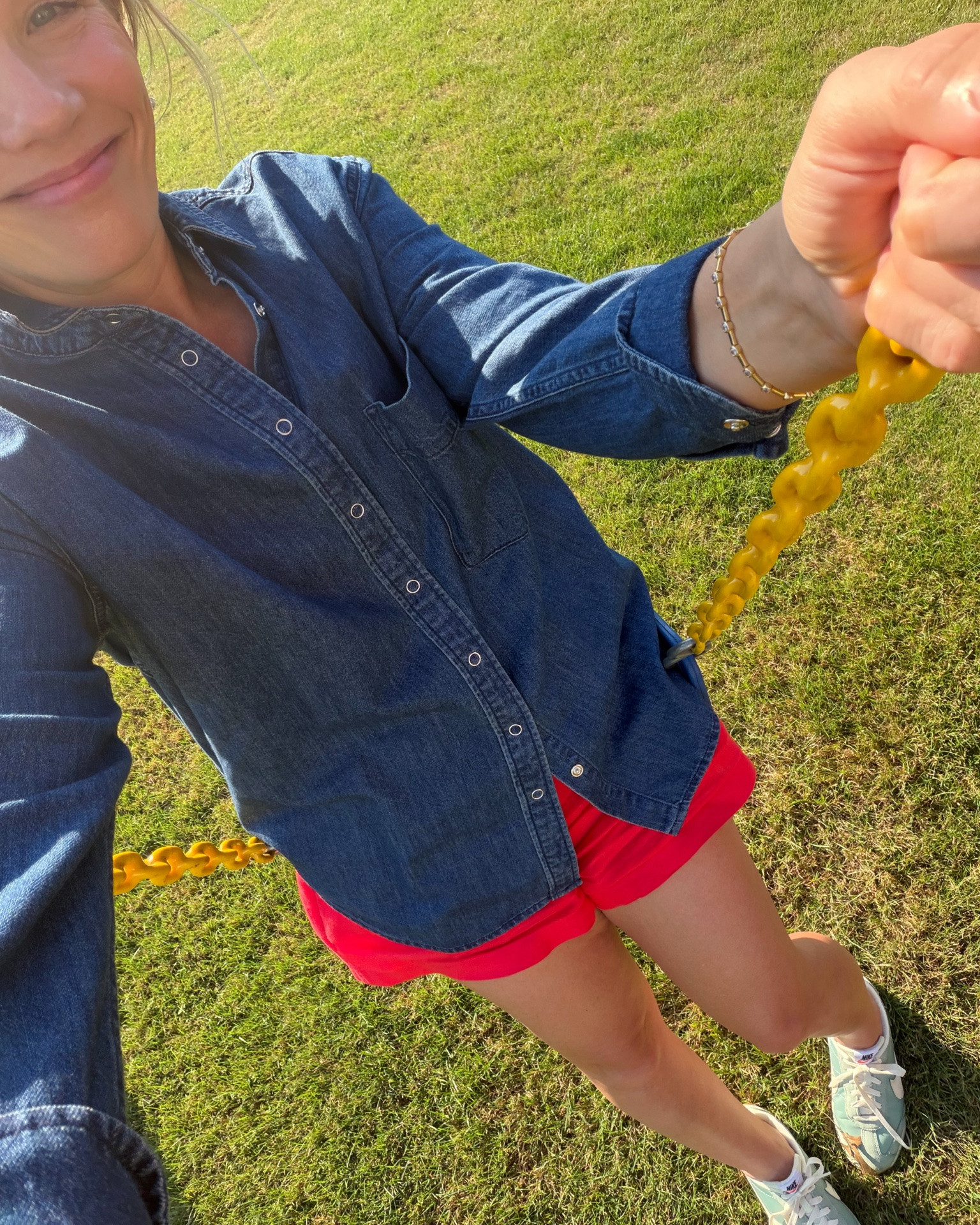 Hi! If I could only buy one chambray top it would be this AYR one hands down, also comes in a lighter wash. J.Crew linen shorts are an easy fit still wearing my regular size. Under $100 nike sneakers worn with bombas no show socks. Baublebar tennis bracelet that has long outlasted my Dorsey style. Loeffler Randall everyday tote bag ~ xo, Claire

#LTKootd #LTKmomlife #LTKOver40