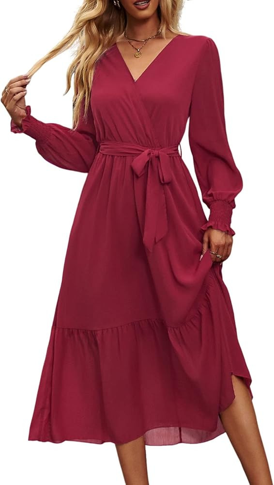 PRETTYGARDEN Women's Floral Print Boho Dress Long Sleeve Wrap V Neck Ruffle Belted A-Line Flowy M... | Amazon (US)