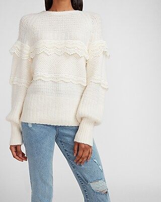 Tiered Lace Ribbed Sweater White Women's L | Express