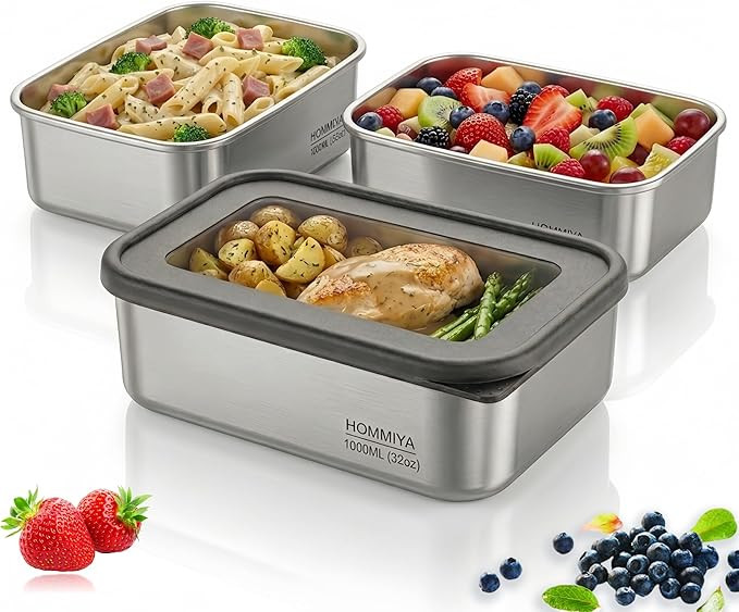 Stainless Steel Food Storage Containers with Leak-Proof Silicone Lid, Set of 3(32oz), Reusable Be... | Amazon (US)