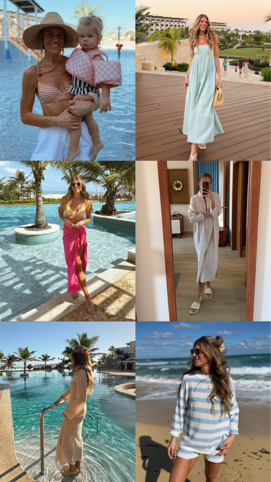 Medium in striped set
Mediums in all suits 
Mediums in all coverups except small in long white striped one
Small tall in blue dress 