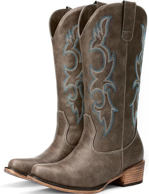 Cowboy Boots for Women - Mid Calf Cowgirl Boots Western Chunky Heel Pointed Toe Boot with Retro E... | Amazon (US)