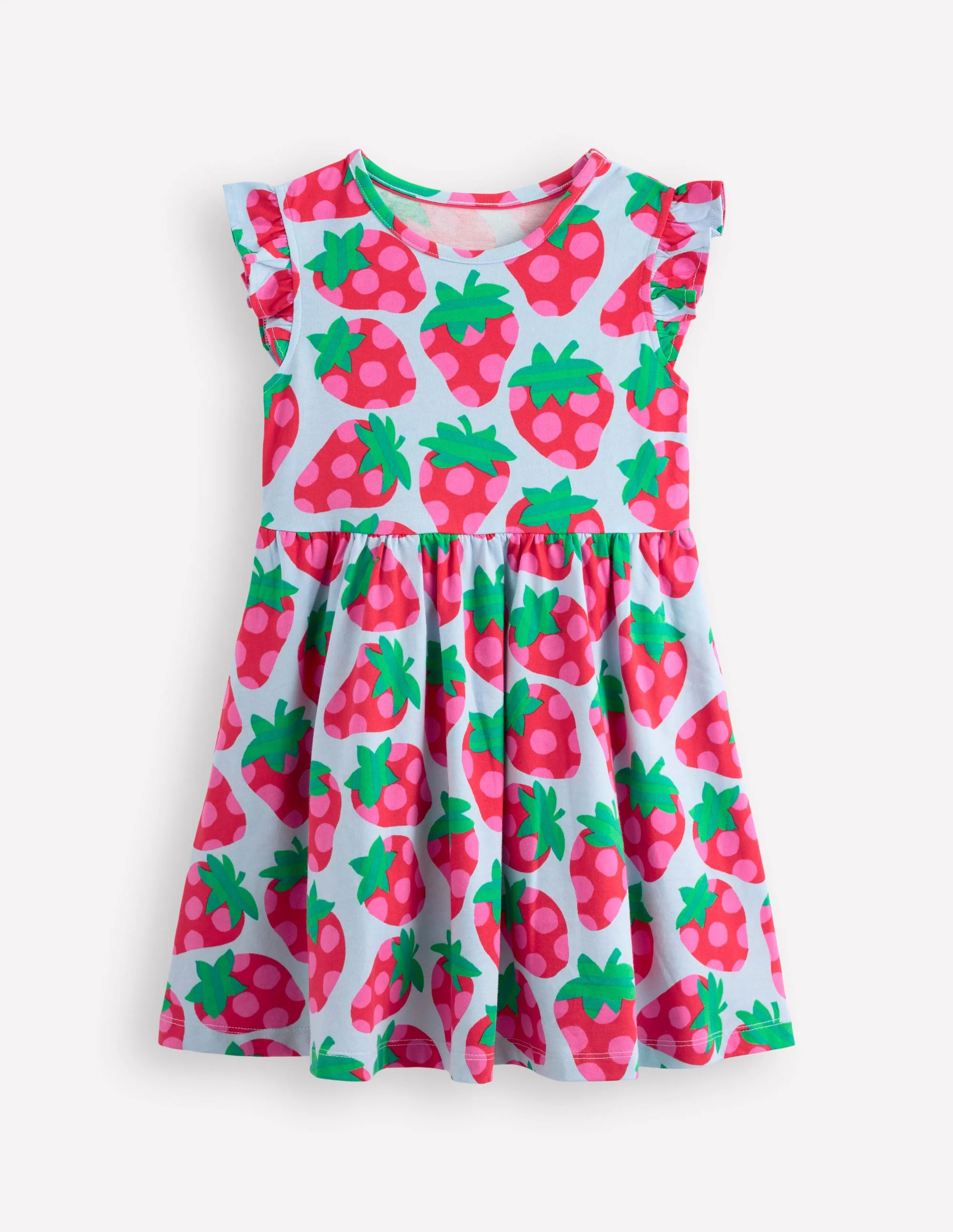 Frill Sleeve Jersey Dress-Misty Blue Spotty Strawberry | Boden (US)