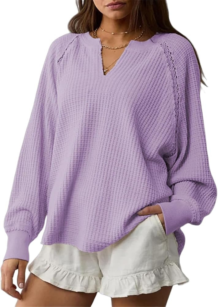 BLENCOT Long Sleeve Shirts for Women Trendy V Neck Fall Tops Cute Casual Waffle Loose Fitted Swea... | Amazon (US)