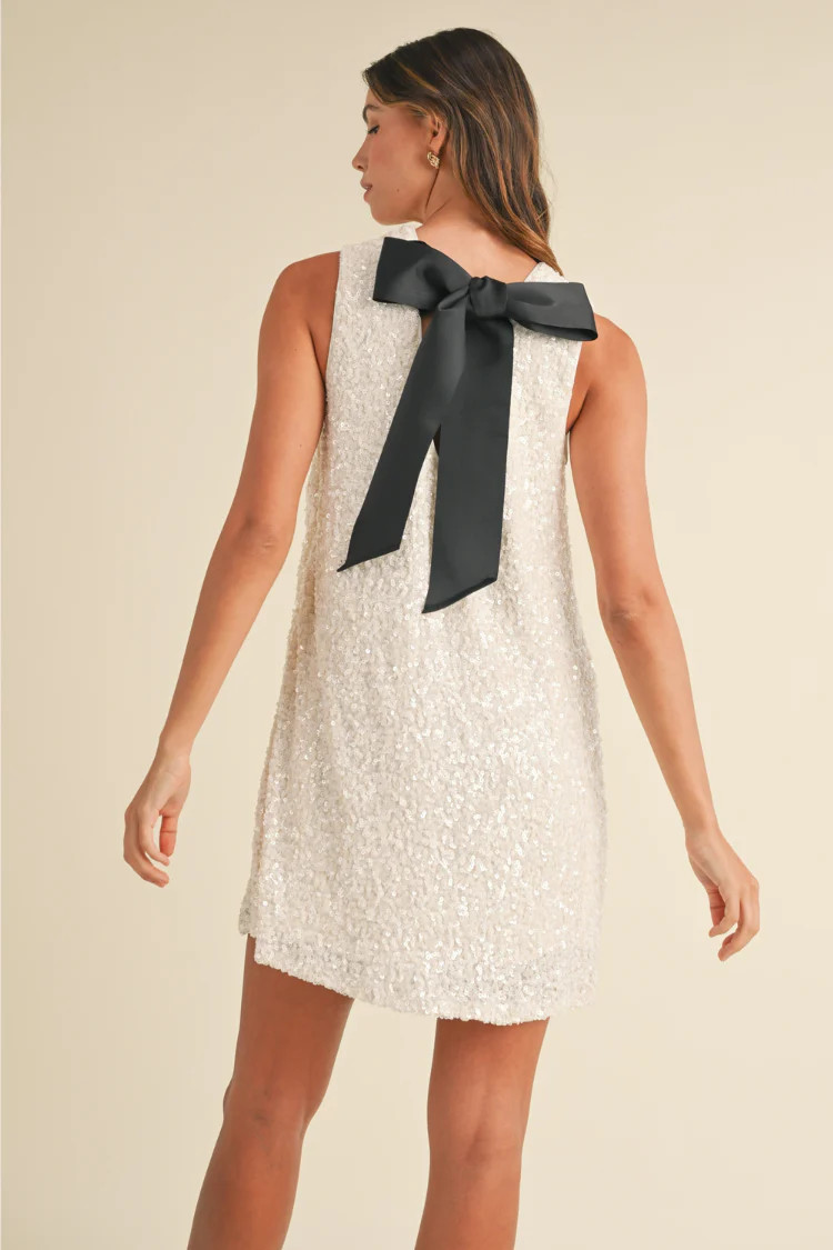 Irina White Sequin Sleeveless Mini Dress with Black Bow | Confête