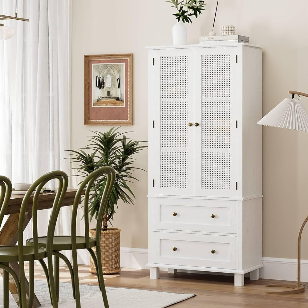 FOTOSOK Kitchen Pantry Storage Cabinet, Tall Storage Cabinet with Rattan Doors and 2 Drawers, Kit... | Amazon (US)