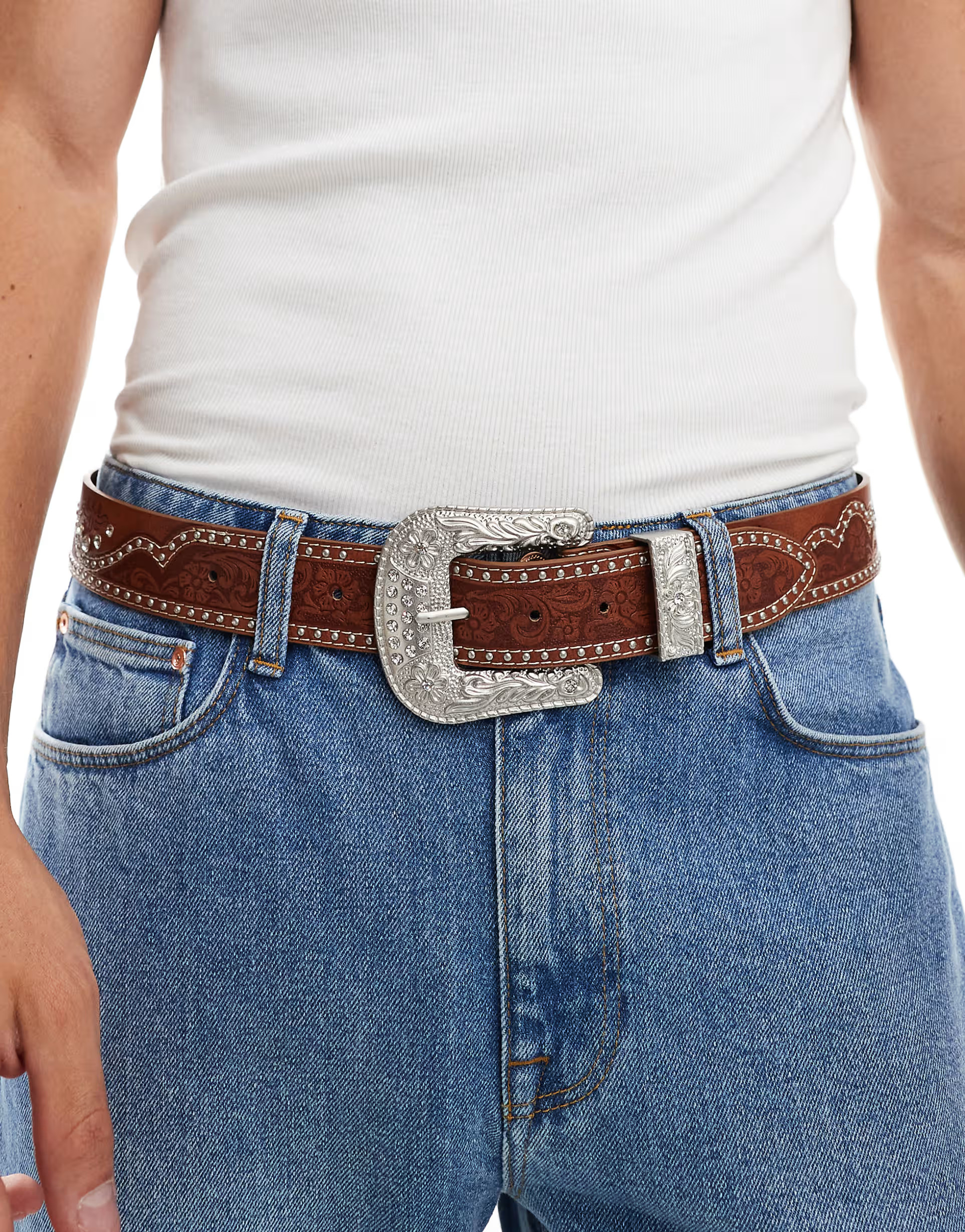 ASOS DESIGN western belt with stud detail in brown | ASOS (Global)
