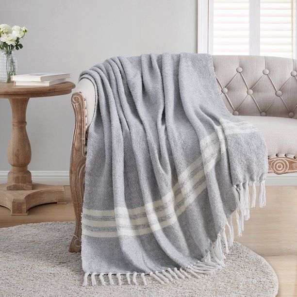 My Texas House Taylor Twill Stripe Cotton-Acrylic Fringe Throw, 50" x 60", Grey/Ivory | Walmart (US)