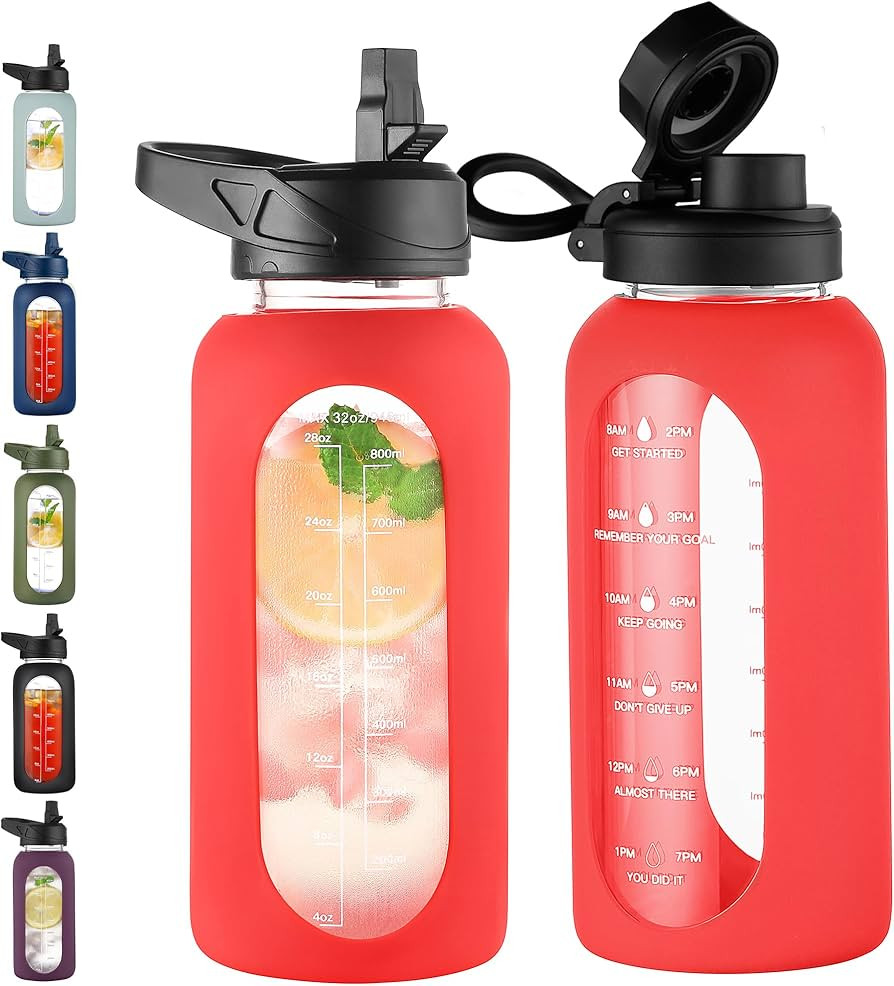 CIVAGO 32 oz Glass Water Bottle with Straw and Handle, Large Sports Motivational Water Bottle Fla... | Amazon (US)