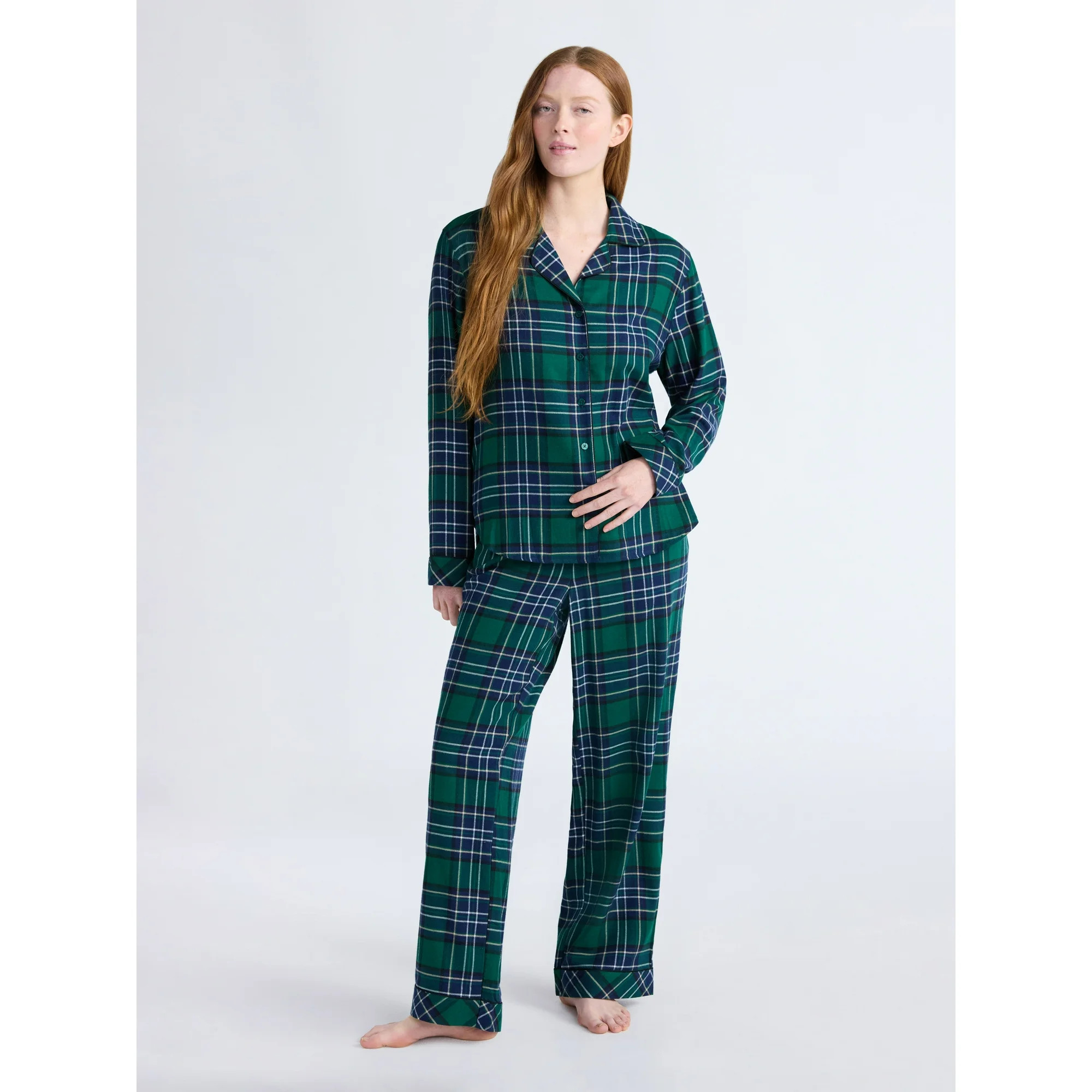 Joyspun Women's Long Sleeve Flannel Sleep Top and Pants Pajama Set, 2-Piece, Sizes XS-3X | Walmart (US)