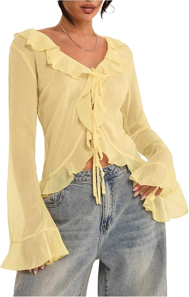 Floerns Women's Summer Sheer Mesh Blouse Tops Long Sleeve Ruffle Hem Dressy Casual Shirts | Amazon (US)