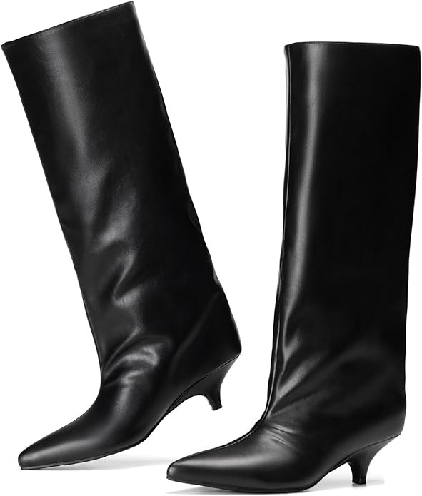vivianly Knee High Boots for Women Pointed Toe Fold Over Black Boots Kitten Heel Comfortable for ... | Amazon (US)