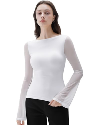 SUUKSESS Women Mesh Sheer Bell Sleeve Tops Double Lined Boat Neck Going Out Shirts Fall Fashion Outfits 2025 (White, L) | Amazon (US)
