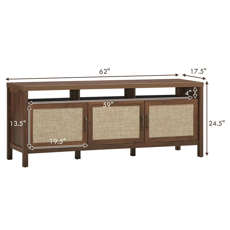 Topbuy Universal TV Stand Cabinet Television Media Console with 3 Rattan Doors Walnut | Walmart (US)