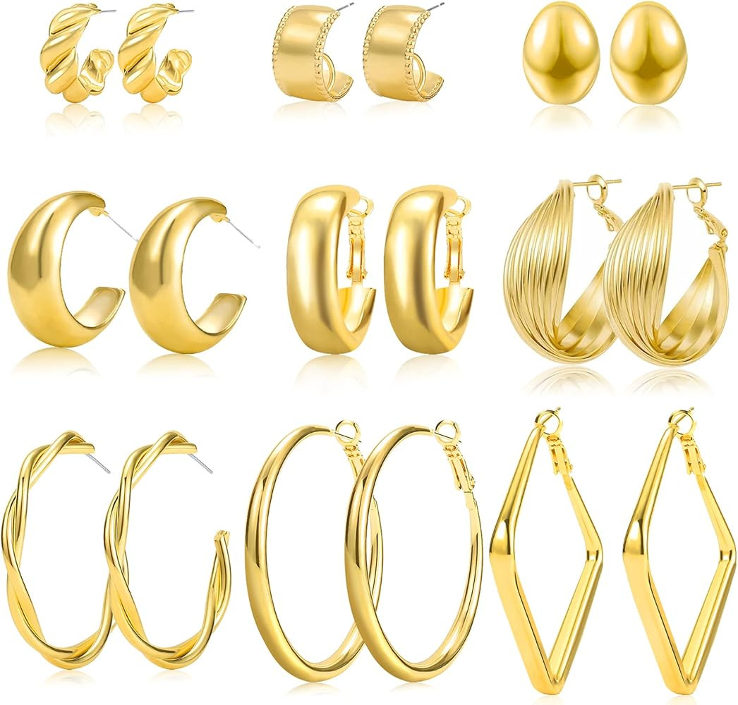 Chunky Gold Hoop Earrings Set for Women, 9 Pair 14K Gold Plated Thick Open Small/Big Hoops Jewelry G | Amazon (US)