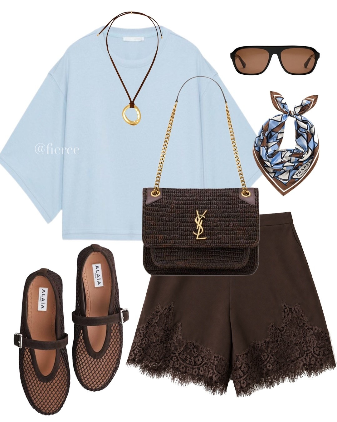 Brown satin lace trim shorts blue oversized tshirt Ysl chocolate brown raffia bag Alaia suede fishnet flats 

#LTKeurope #LTKsummer #LTKuk