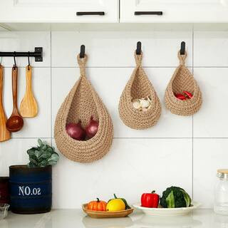 3 Piece Boho Decor Hanging Wall Baskets for Home, Teardrop Storage Baskets with Hooks, Light Brown Hemp Rope Organizer | The Home Depot