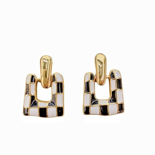 Checkered Earrings for Women Black and White Checkered Dangle Earrings Geometric Square U-shaped Checkered Earrings Vintage Dainty Birthday Jewelry for Women (A) | Amazon (US)