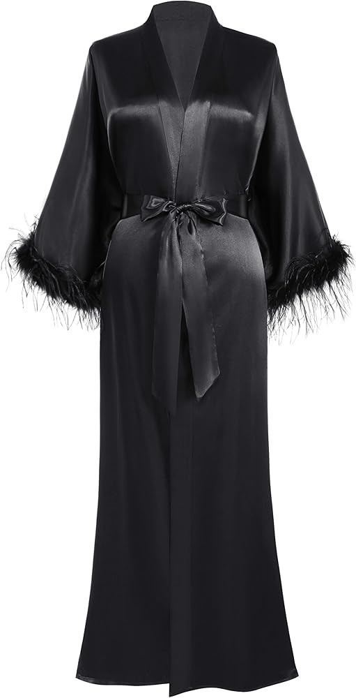 PRODESIGN Satin Kimono Robe Long Bath Robe with Ostrich Feather Trim Sleepwear Wedding Bridesmaid... | Amazon (US)