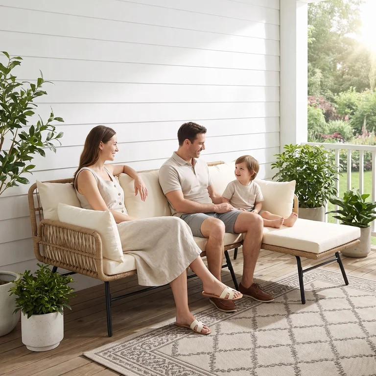 RADIATA Boho Patio Furniture Set, L-Shaped Beige Wicker Outdoor Sectional Sofa with Thick Cushion... | Walmart (US)