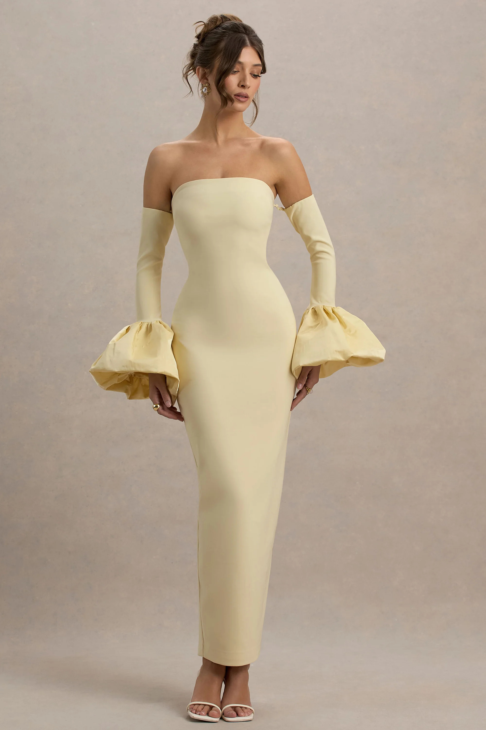 Myah | Lemon Bandeau Long-Sleeve Maxi Dress With Puff Cuffs | Club L London