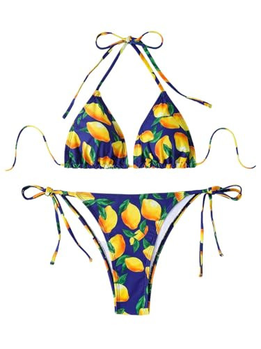 WDIRARA Women's Tropical Print Halter Bikini Set Tie Side Triangle Swimsuit Two Piece Bathing Suit Purple Small | Amazon (US)